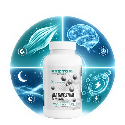 Beneficios de RYZTOR Magnesium Glycinate para músculos, concentración, descanso y energía