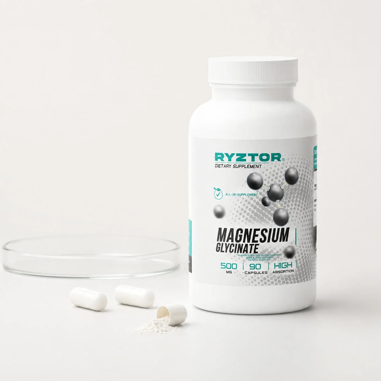 Fórmula limpia de RYZTOR Magnesium Glycinate con cápsulas