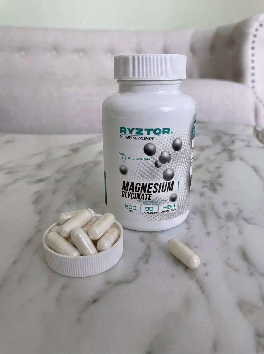 Open Magnesium Glycinate bottle and capsules